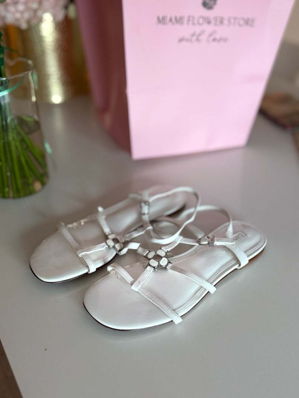 Larroude Hana Strappy Patent Leather Flat Sandals in White